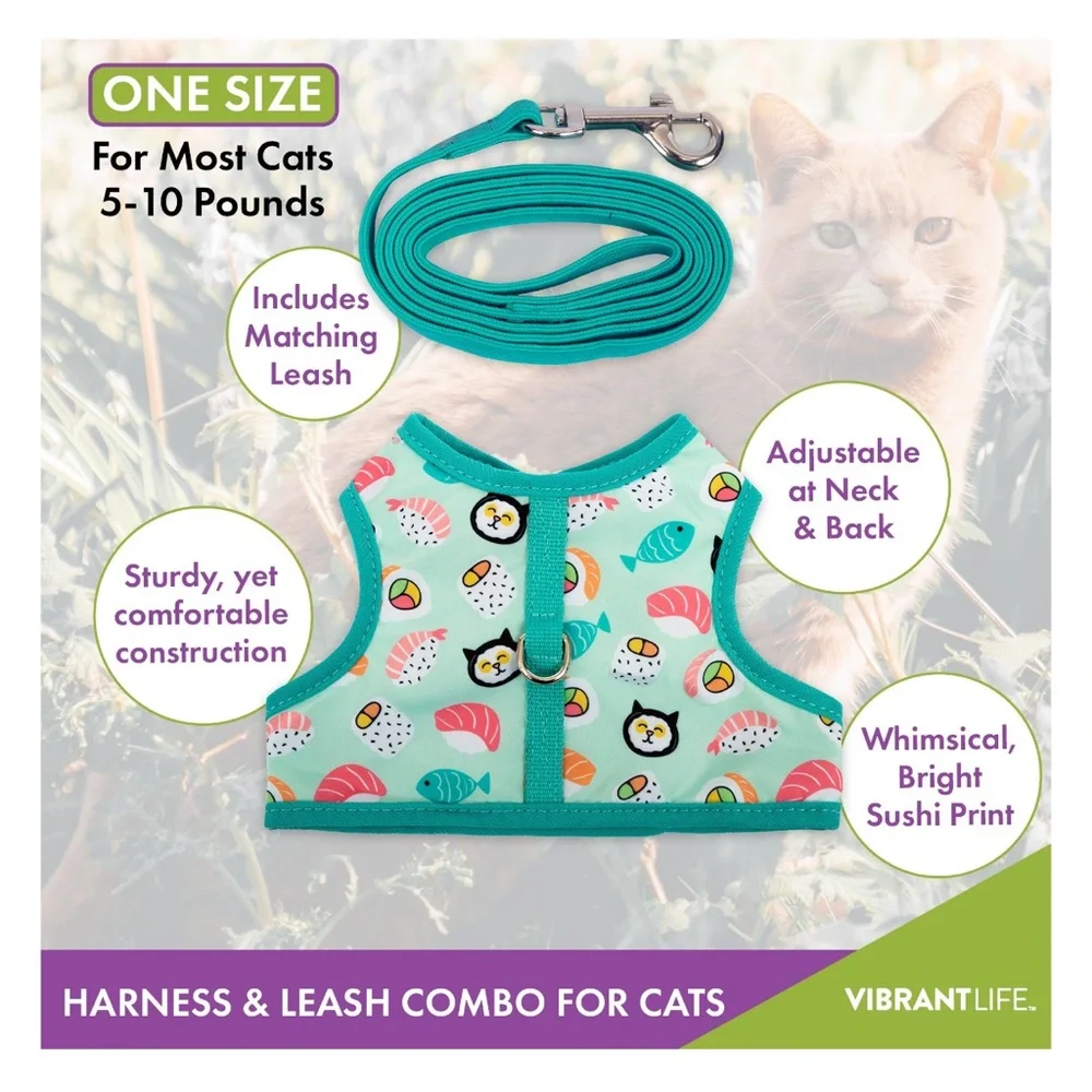 🎉🎊2X HP🆕 Vibrant Life Polyester Sushi Walking Cat, Harness Teal Color One Sz